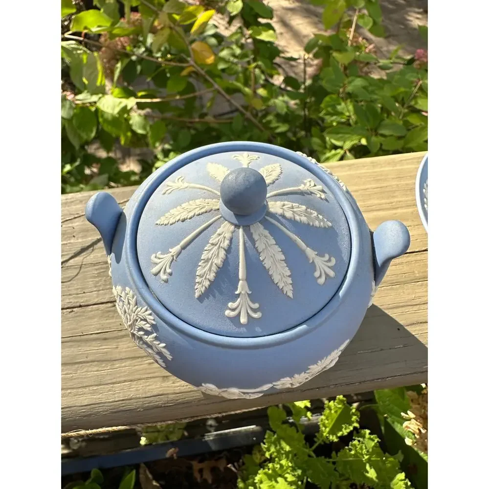 Wedgwood Jasperware tea set-teacup, saucer, sugar bowl England 1957 blue white